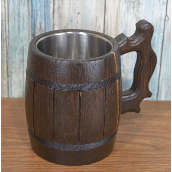 Rustic Wood Beer Mug Tankard Stein | Medieval Viking Style | **Has Crack** AS-IS - Picture 5 of 11